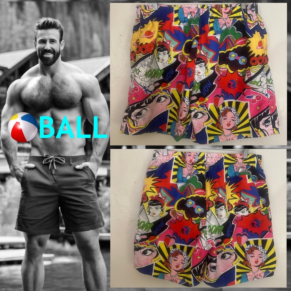 Ball Pop Art Swim Trunks 32-40" waist 6" inseam Gently worn Nylon blend
